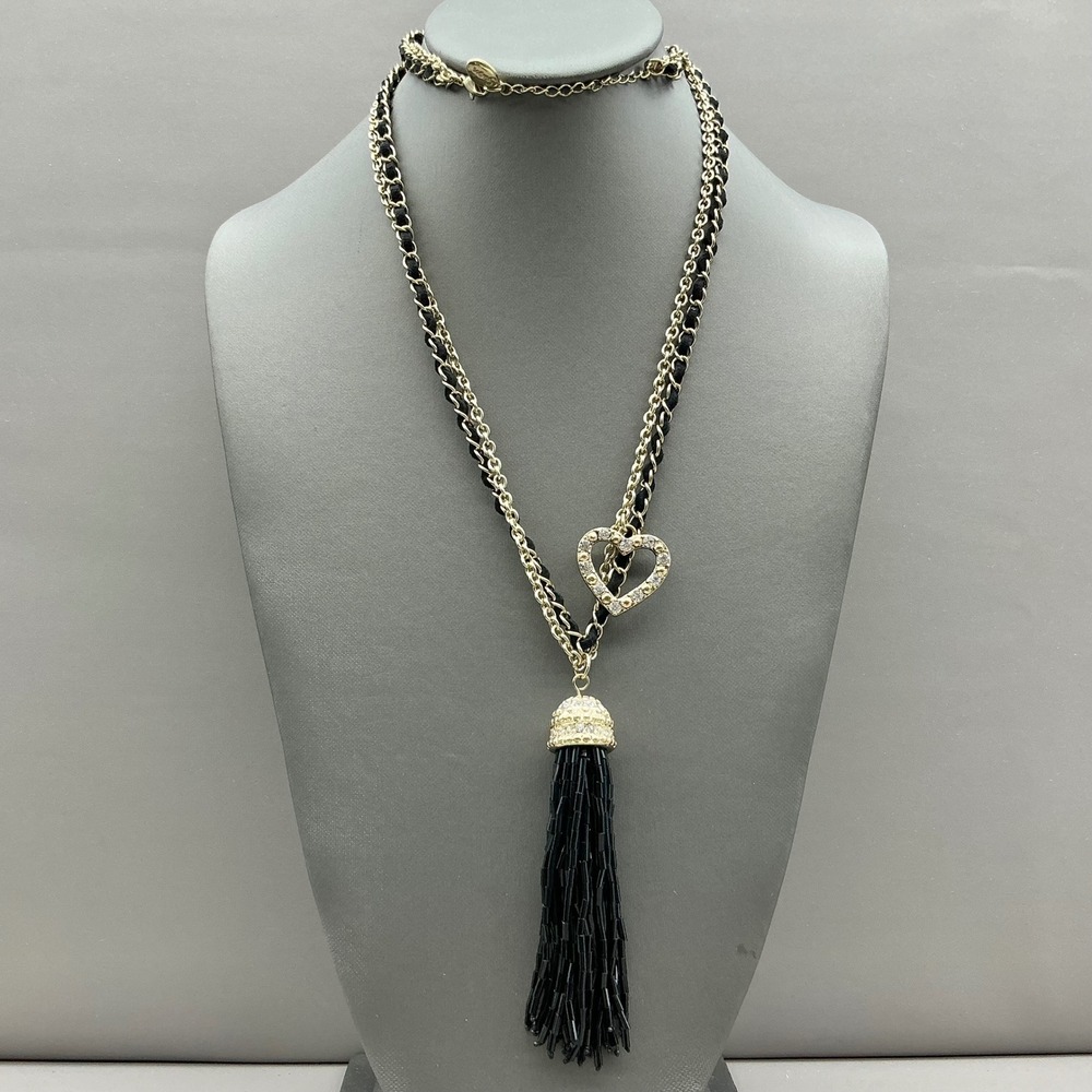 Guess Tassel Necklace Womens Black Gold Heart Charm Rhinestone Chain Fringe 80c